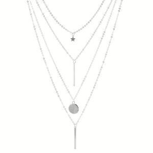 Layered Pendant Necklace Star Round Silver Tone